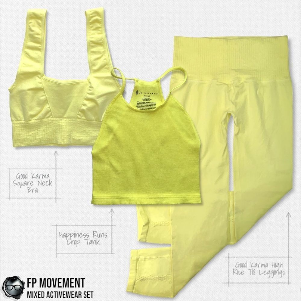 FP MOVEMENT SET: GOOD KARMA SQUARE NECK BRA + LEGGINGS + HR CROP TANK LEMON CAKE